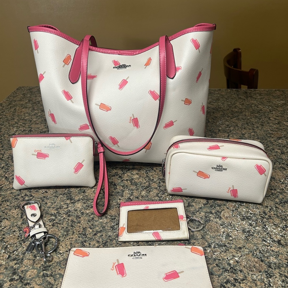 Coach White and Pink Popsicle Print Tote Bag Set